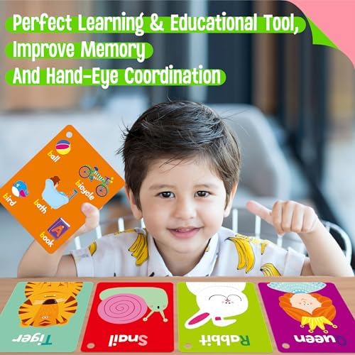 106 PCS Early Learning Flashcards, Double Sided Cards- Alphabet, Numbers, Foods, Animals, Shapes, Colors, Home Object with 4 Reclosable Rings, Learning Tool for Pre-K Kindergarten Toddlers