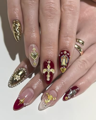 128Pcs Gold Nail Charms Set with Gold Nail Gems, Gold Rose, Hearts, Gold Cross Nail Charms and Virgin Mary Nail Charms - Y2K 3D Chrome Nail Charma Decorations