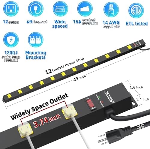 12 Outlet Long Power Strips Heavy Duty Garage Workshop Multi Wide Industrial Power Strip Surge Protector with 4ft Cord, ETL Certified, 1875W, Black