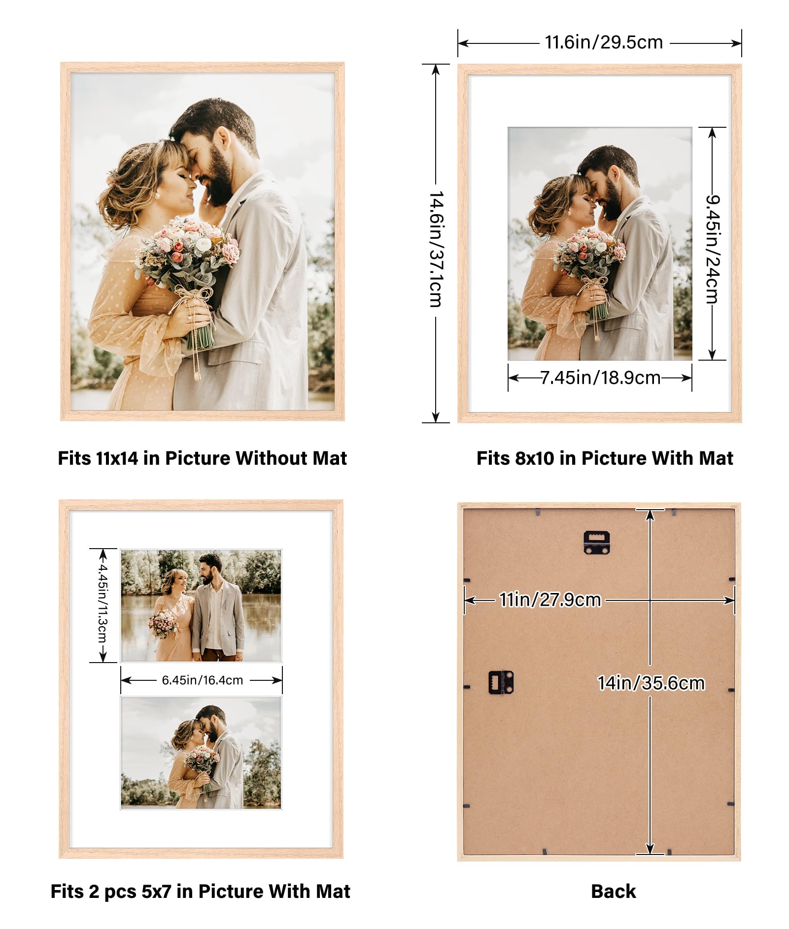 11x14 Picture Frame, Solid Oak Wood Frame 8x10 with Mat or 5x7 with 2 Mat or 11x14 without Mat with Perspex Glass, 11 x 14 Frame for Wall Display Art Photo, Poster, Birthday Christmas Gift, Set of 4
