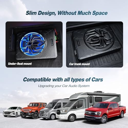 10" 1000W Slim Under Seat Powered Car Subwoofer, Car/Truck Audio Sub Built in Amplifier amp Combo, with Blue LED Light (Subwoofer + Mounting Wire Kit)