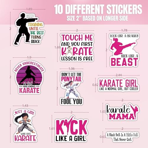 (10pcs) Karate Stickers Funny Karate Decals Sports Karate Fighter Martial Arts Funny Gifts Multiple Different Design, Waterproof, UV- Resistant, Suitable for Tumbler, Laptop Car Truck (Karate Girl)