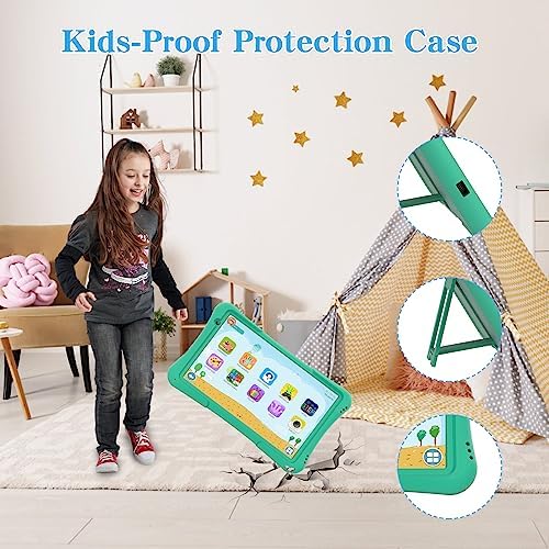 10 Inch Kids Tablet, Android 12 Tablet PC, Parental Control, Educational, 10.1' IPS HD Display, Dual Camera, 6000mAh, Toddler Tablet with Silicone Case, Gift for Boys(Green)
