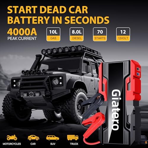 001 4000A Car Jump Starter, 12V Battery Jumper Starter Portable Jump Box(10.0L Gas/8.0L Diesel), Jump Start Battery Pack with 3 Modes Flashlight, Power Bank with USB Quick Charge & Type C Port