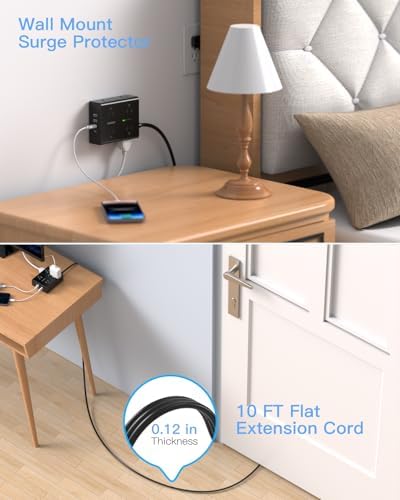 10Ft Extension Cord with Multiple Outlets, Flat Plug Power Strip Surge Protector 10 Ft Long Cord, 8 Outlet 4 USB Ports (2 USB C), Multi Outlet Wall Plug for Office, College, Dorm Room Essentials