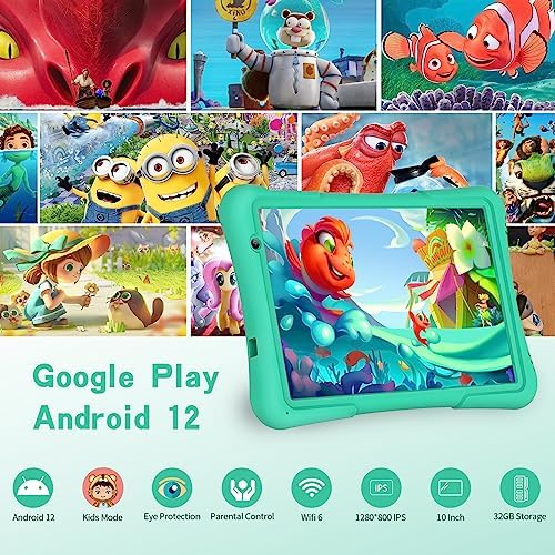 10 Inch Kids Tablet, Android 12 Tablet PC, Parental Control, Educational, 10.1' IPS HD Display, Dual Camera, 6000mAh, Toddler Tablet with Silicone Case, Gift for Boys(Green)
