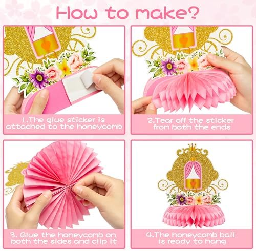 12Pcs Floral Princess Party Honeycomb Centerpieces Princess Theme Party Decorations Supplies Pink and Gold Castle Crown Carriage Baby Shower Birthday Table Toppers for Girls