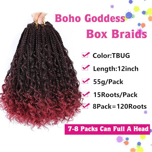 12inch Goddess Box Braids Crochet Hair Boho Box Braids with Curly Ends Bohemian Crochet Braids Pre-looped Synthetic Crochet Hair for Black Women (12inch(Pack of 8), TBUG)