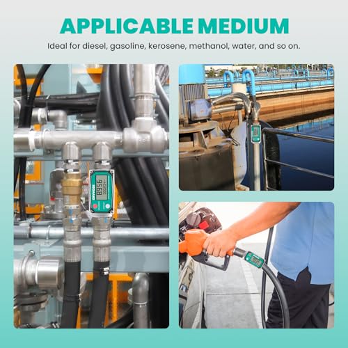 1 Inch Digital Turbine Fuel Flow Meter, 2.6-26 GPM Inline NPT Thread Flowmeter with 3/4 in Adapters for Water, Diesel, Gas Oil, Gasoline, and Other Liquids - Supports Gallon, QTS, PTS, L, m³