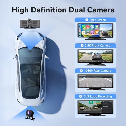 10.26" Portable Wireless Carplay Screen, 4K Mirror Dash Cam Carplay & Android Auto Screen, 1080P Backup Camera, HD IPS Screen, Loop Recording, Bluetooth, GPS Navigation, AUX/FM, Siri