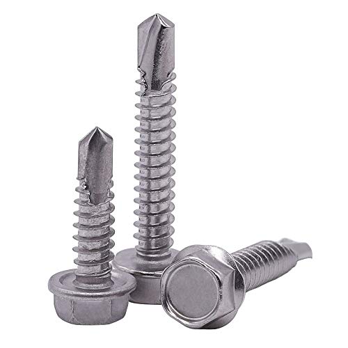 #8 x 1 Hex Washer Head Self Drilling Screws, Self Tapping Sheet Metal Tek Screws, 410 Stainless Steel, 100 PCS