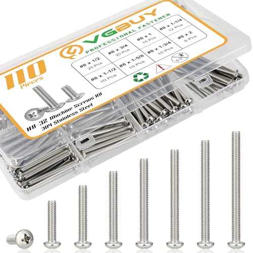 110Pcs Machine Screws Assortment kit,Assorted 1/2 to 2 inch Long # 8-32 Machine Screw,304 Stainless Steel Phillips Pan Head Screws Bolts for Electrical Wall Socket,Household Repairs