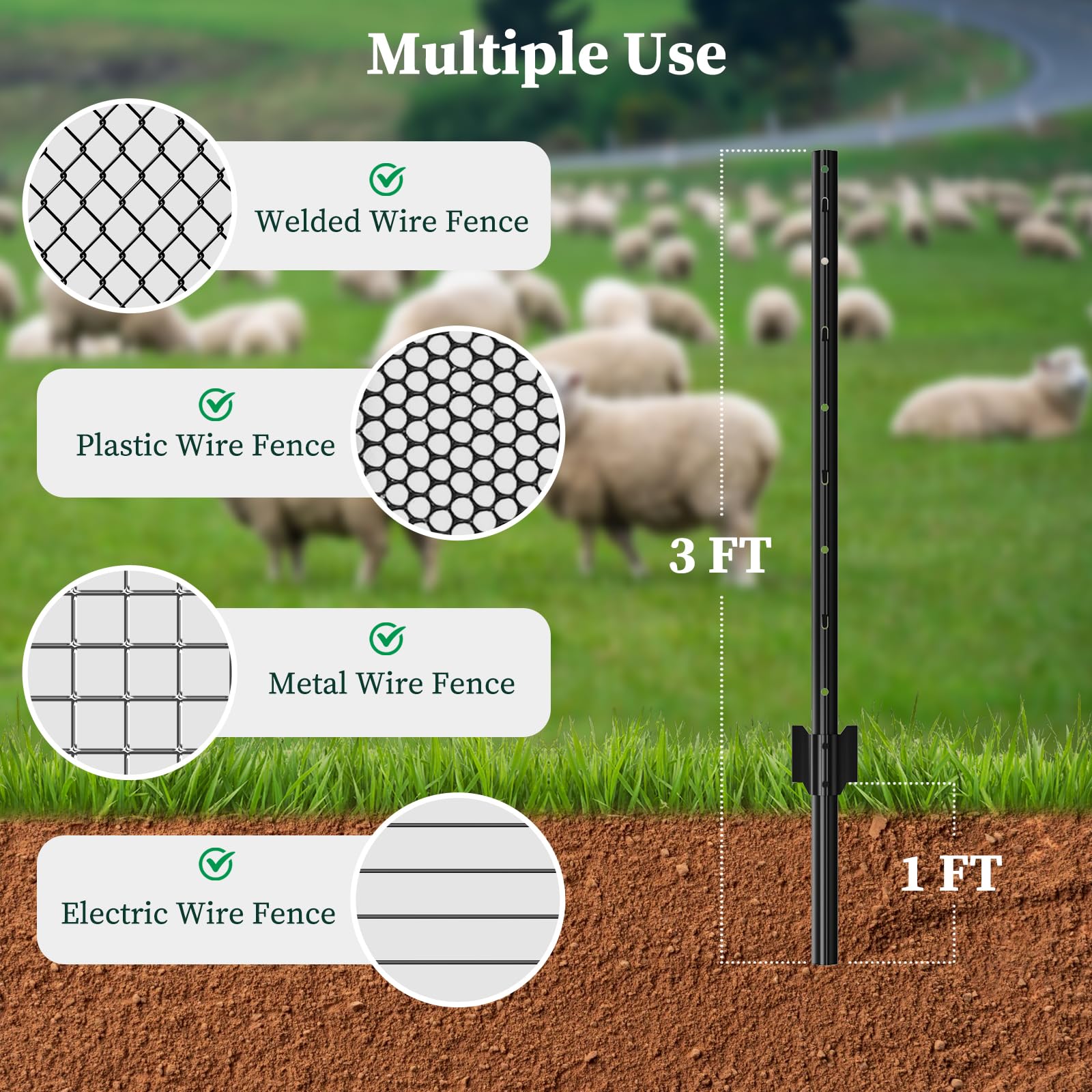 10 Pack Metal Fence Posts, 3ft Heavy Duty U-Post, Black Garden Stakes, No-Dig Post Anchors for Wire Fences, Temporary Fencing, Electric Fence, and Corner Support
