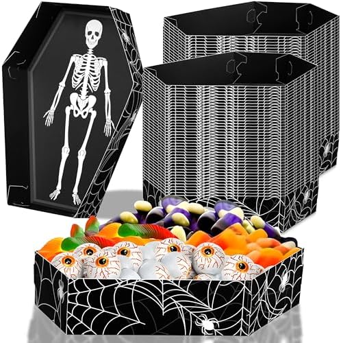 100Pcs Halloween Coffin Serving Food Trays - Skeleton Disposable Snack Paper Dish for Party Decoration Supplies