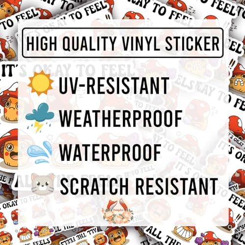 (3Pcs) It's Okay to Feel All The Feels Sticker Mental Health Positive Quote Mushroom Decal Waterproof Vinyl Sticker Adult for Laptop Kindle Car Tumbler Water Bottle Mug Notebook Helmet - Size 3”x2.6”