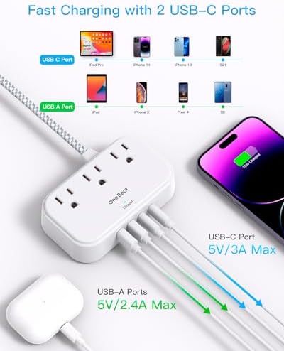 1 Pack Cruise Essentials, 5 Ft Flat Extension Cord, 3 Outlets 4 USB Ports(2 USB C) Flat Plug Power Strip, USB Charging Station with Non Surge Protector for Cruise Ship, Travel, Dorm Room Essentials