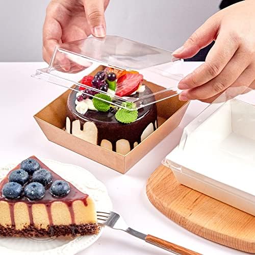 100 Pack Paper Charcuterie Boxes with Clear Lids, 4 Inches Brown Cookie Boxes Dessert Boxes Disposable Oil-Proof Food Containers for Sandwich, Cake Slice, Cupcake, Chocolate Covered Strawberry