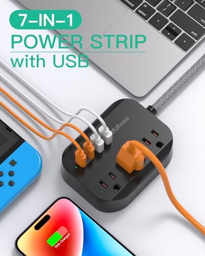 10FT Power Strip with USB Ports - Extension Cord with 3 Outlets and 3 USB Charging Ports, Flat Plug, Wall Mount, No Surge Protection for Cruise Ship Travel, Desk Accessories for Dorm Room Essentials