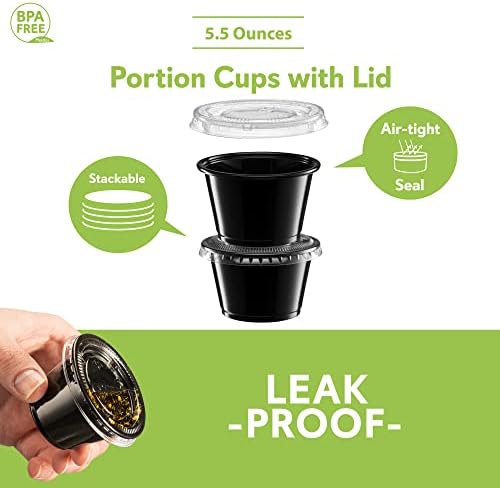 (5 oz - 100 Sets) Black Diposable Plastic Portion Cups With Lids, Small Mini Containers For Portion Controll, Jello Shots, Meal Prep, Sauce Cups, Slime, Condiments, Medicine, Disposable Souffle Cups