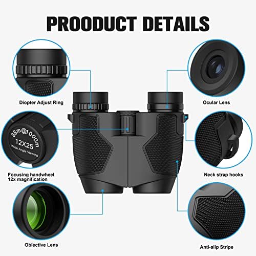 12x25 Binoculars with Clear Low Night Version for Adults and Kids, Large Eyepiece Waterproof Durable & Clear BAK4 Prism FMC Lens Binoculars for Bird Watching Hunting Travel Theater Concerts