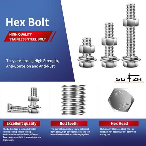 1/4-20 x 6" Hex Head Screw Bolt, Nuts, Flat & Lock Washers, 10Pcs 18-8 (304) Stainless Steel, Fully Threaded, by SG TZH
