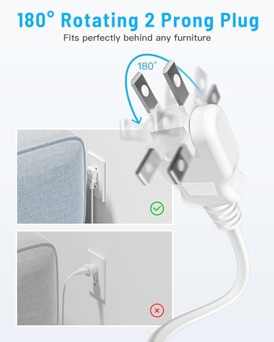 10FT 2 Prong Power Strip, Yozisital 2 Prong to 3 Prong Outlet Adapter, Flat Extension Cord, Surge Protector with Rotating Plug, 6 Outlets 4 USB(2 USB C), Wall Mount, Ideal for Non-Grounded Outlets