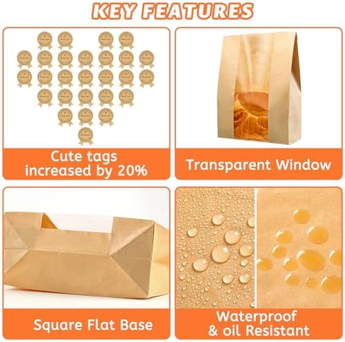 100 Pcs Bread Bags for Homemade Bread, Sourdough Paper Bread Bags With Window, 50% Thicker 13.7x8.2x3.7in, A Large Bakery Bags Used for Storage Bread & Snacks, 110 Cute Sealing Stickers With Ties