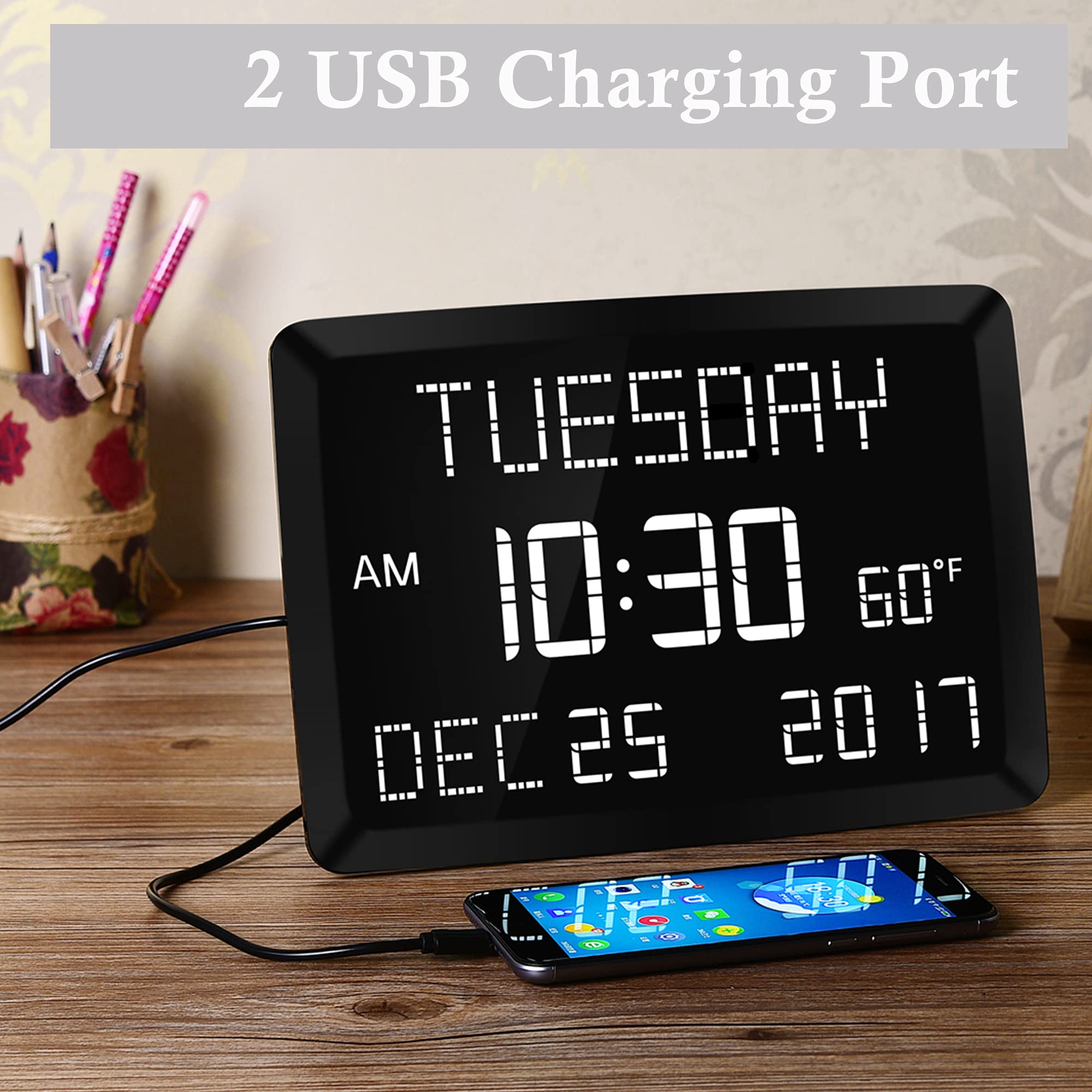 11.5” Digital Wall Clock with Date,Time,Week,Indoor Temperature,3 Alarms,5 Dimmer,2 USB Chargers,Battery Backup,Snooze,12/24H for Elderly,Parents,Impaired Vision,Dementia,Memory Loss,Office,Bedroom