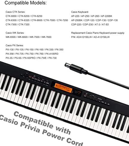 12V 2A Ac Dc Adapter for Casio Privia Power Cord, Compatible with Casio Digital Piano Keyboard AD-A12150LW, AD-A1215LW PX-130 PX-350 PX-160 PX-150 CDP-120 CTK-6000 CTK-6300 CTK-7200 Power Supply