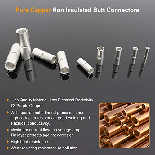 1 AWG Butt Connectors 8 PCS 1 Gauge Non-Insulated Butt Splice Connectors 1 Ga. Uninsulated Crimp Wire Connectors Tinned Copper Marine Grade Crimp Butt Terminals with 8 PCS 3:1 Heat Shrink Tube