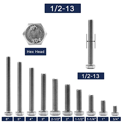 1/2-13 x 6 Hex Head Screw Bolt, 20Pcs 18-8 (304) Stainless Steel, Fully Threaded, Plain Finish, by SG TZH