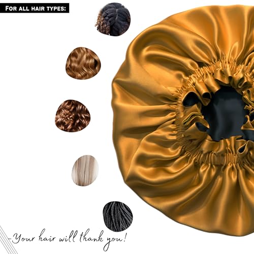 100% Pure Silk Bonnet for Sleeping Women - Reversible Mulberry Silk Hair Wrap - Satin Sleep Bonnet for Black Women - Silk Bonnet Satin Head Wrap for Sleeping - Made in USA (Amber Yellow and Black)
