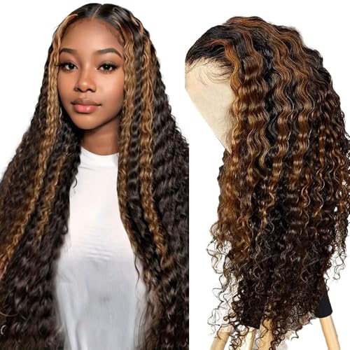13x6 Highlight Ombre Lace Front Wig Human Hair Wigs For Women 180% Density 1B/30 HD Deep Wave Lace Frontal Wigs Curly Highlight Brown Wig Human Hair Pre Plucked With Baby Hair Colored (38 Inch)