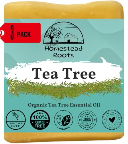 Tea Tree- Handcrafted with Grass-Fed Beef Tallow and Organic Oils - Scented with Organic Essential Oils - Artisanal Bar Soap - USA MADE - 3 Pack - Each Bar Unique