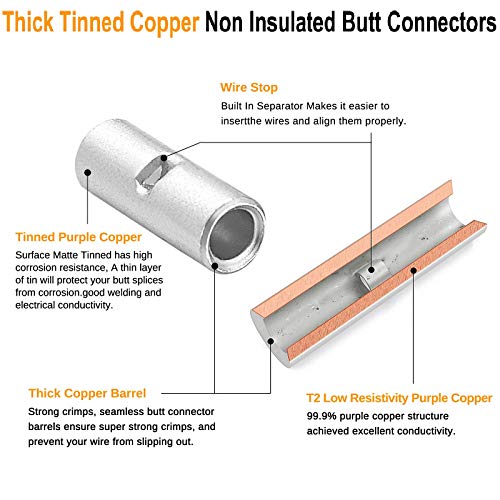 1 AWG Butt Connectors 8 PCS 1 Gauge Non-Insulated Butt Splice Connectors 1 Ga. Uninsulated Crimp Wire Connectors Tinned Copper Marine Grade Crimp Butt Terminals with 8 PCS 3:1 Heat Shrink Tube