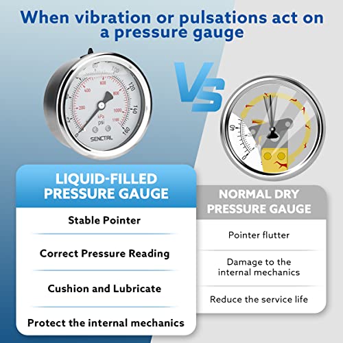0-160 Psi Glycerin Liquid Filled Air Pressure Gauge, 2.5" Dial Size, 1/4" NPT Back Mount, Stainless Steel Case, for Water Pump, Tire, Large Air Compressor, Well, RV Regulator Pressure Test