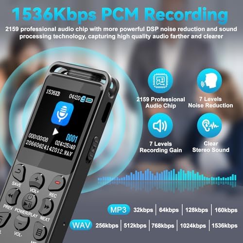 144GB Digital Voice Recorder with Playback, Volorful 1536Kbps Audio Recorder for Interviews Meetings, Voice Activated Recorder Recording Device with Noise Reduction, MP3 Stereo Player, Microphone