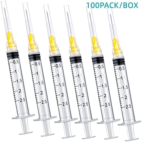 100 Pack 2.5ml Plastic Syringe with 25Ga Lab Supplies, Individually Sealed Packed