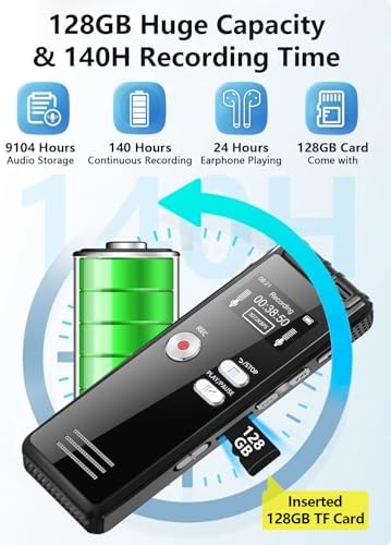 128GB Digital Voice Recorder Activated with Playback - 3072 Kbps HD Recording and Noise-Canceling Voice-Activated Recording, Audio Recording Device for Lectures Meetings, A-B Repeat, MP3 Player