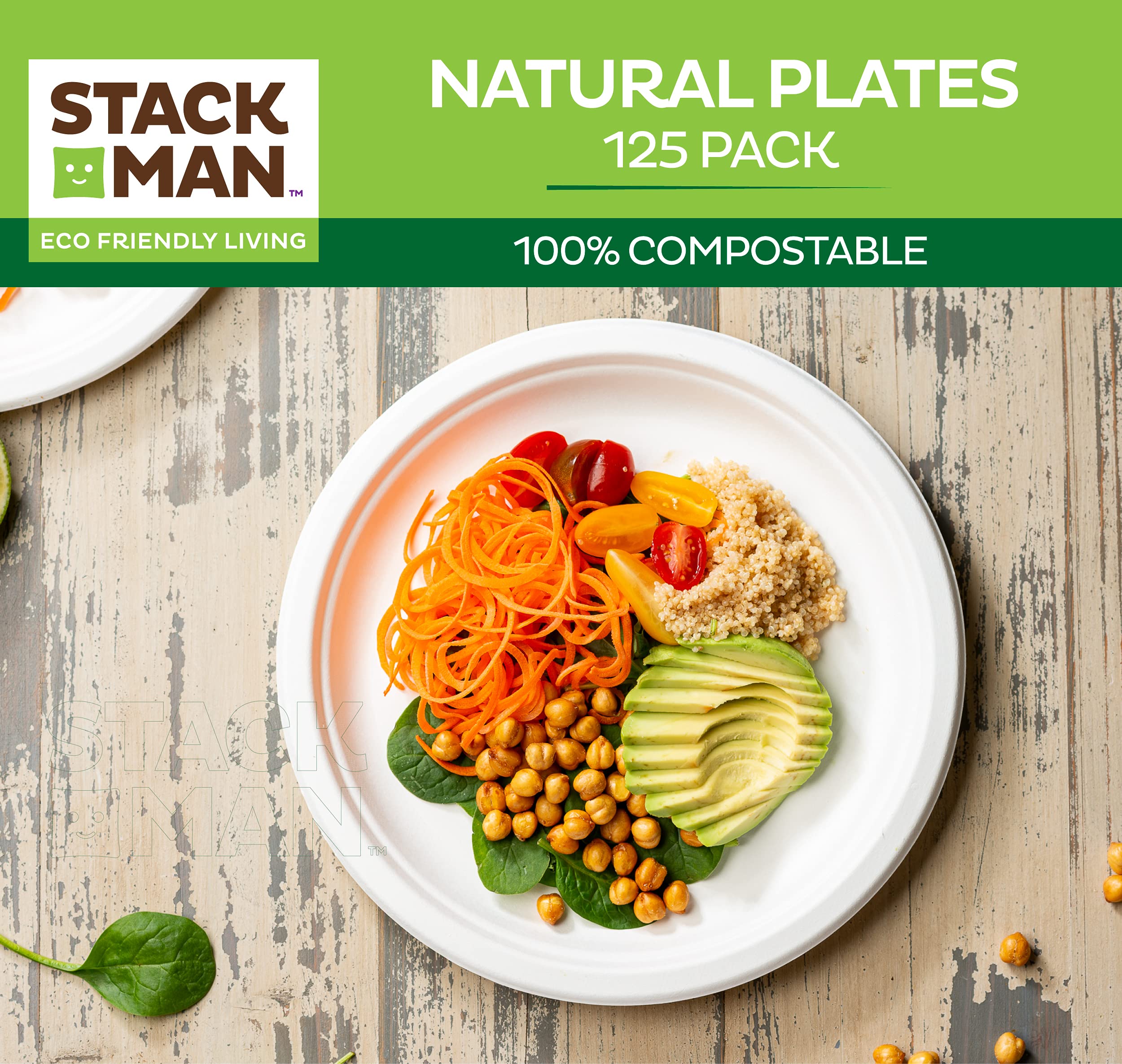 100% Compostable 9 Inch Heavy-Duty [125-Pack] Eco-Friendly Disposable White Bagasse Plate, Made of Natural Sugarcane Fibers - 9" Biodegradable Paper Plates by Stack Man