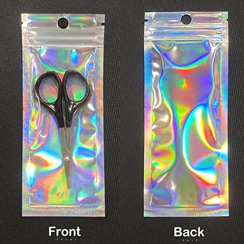 100 Pcs Resealable Holographic Bags Small Ziplock Plastic Smell Proof Baggies for Party Favor Food Storage, Lip Gloss, Candy, Cosmetic & Jewelry Packaging, 2.4x5.9"