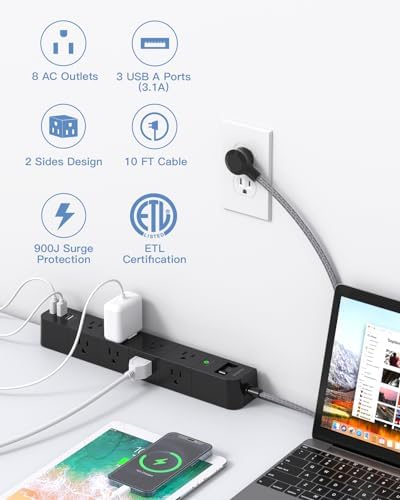 10 ft Extension Cord, Power Strip Surge Protector -8 Widely AC Outlets 3 USB, Flat Plug, Desktop Charging Station with Overload Protection, Wall Mount for Home, Office, Computer ETL Listed,Black