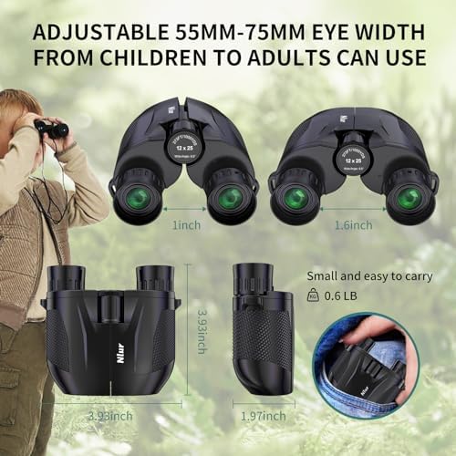12X25 Compact Binoculars for Adults,High Powered Binoculars with Clear Low Light Vision,Waterproof Small Binocular for Bird Watching,Hunting, Travel, and Sport Games (Black)