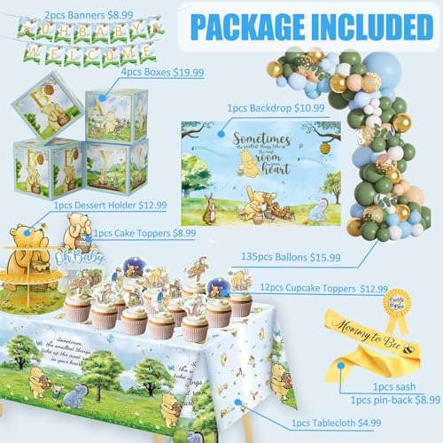 159pcs Blue Classic Winnie Baby Shower Decorations Kit, Vintage Pooh Party Supplies, Classic Pooh Backdrop, Cake Topper, Tablecloth Box Decorations for Girl Boy Baby Shower