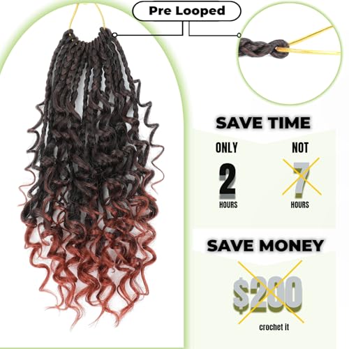 10 Inch Goddess Box Braids Crochet Hair 9 Packs Pre Looped Boho Crochet Box Braids for Black Women Synthetic Braiding Hair with Curly Ends (T350)