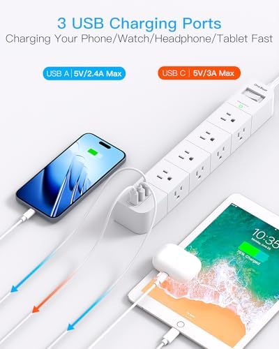 10FT Extension Cord Flat Plug Power Strip Surge Protector with 8 Widely AC Outlets and 3 USB Ports Outlet Extender Overload Protection Wall Mount for Home Office Dorm Room Essentials Gaming, ETL