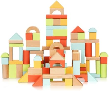 100pcs Building Blocks for Toddlers 1-3, Wooden Blocks for Kids with Storage Bucket and Shape Sorter Lid, Montessori Toys for 1 2 3 Year Old, Learning Toys for Preschool Girls and Boys