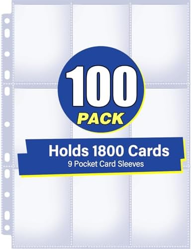 100 Pack 9 Pocket Double Side Card Sleeves Binder Sheets, Holds 1800 Cards, Trading Card Binder Sleeves for 3 Ring Binder, Card Sleeve Pages for Baseball, Football, Business, TCG, Kpop Cards