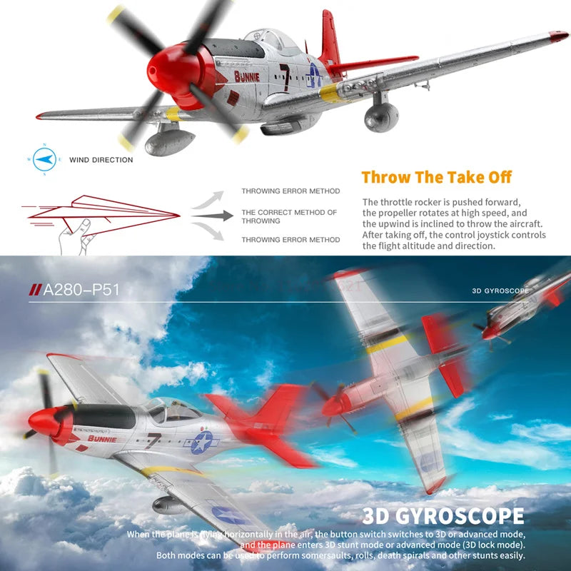 A280 RC Plane 2.4G 4CH 3D6G Mode Aircraft P51 Fighter Simulator with LED Searchlight RC Airplane Toys for Children