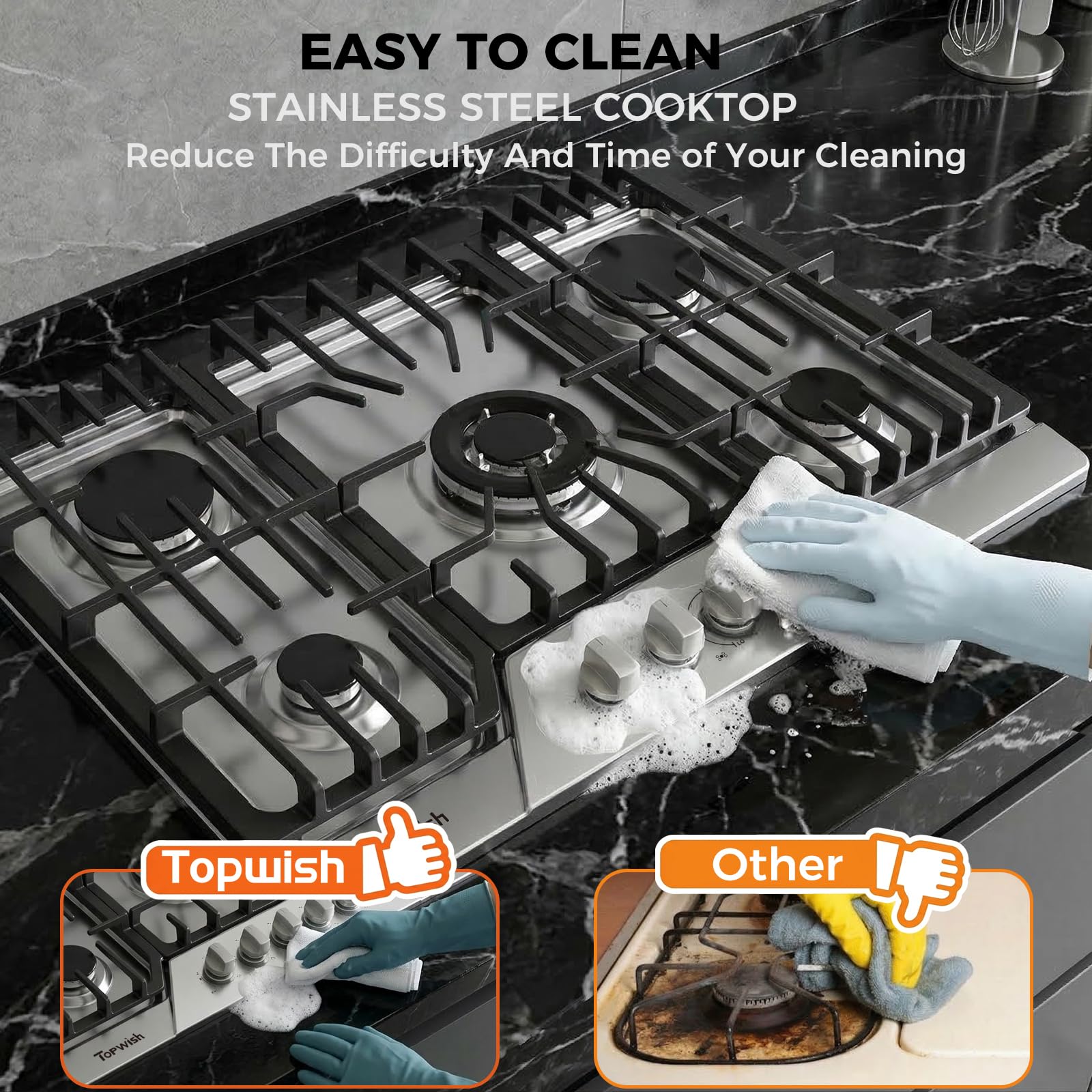 12 Inch Gas Cooktop, TOPWISH Gas Stove Top with 2 High Efficiency SABAF Burners, NG/LPG Convertible 304 Stainless Steel Built-in Propane Stovetop with Thermocouple Protection for Apartments, Rvs